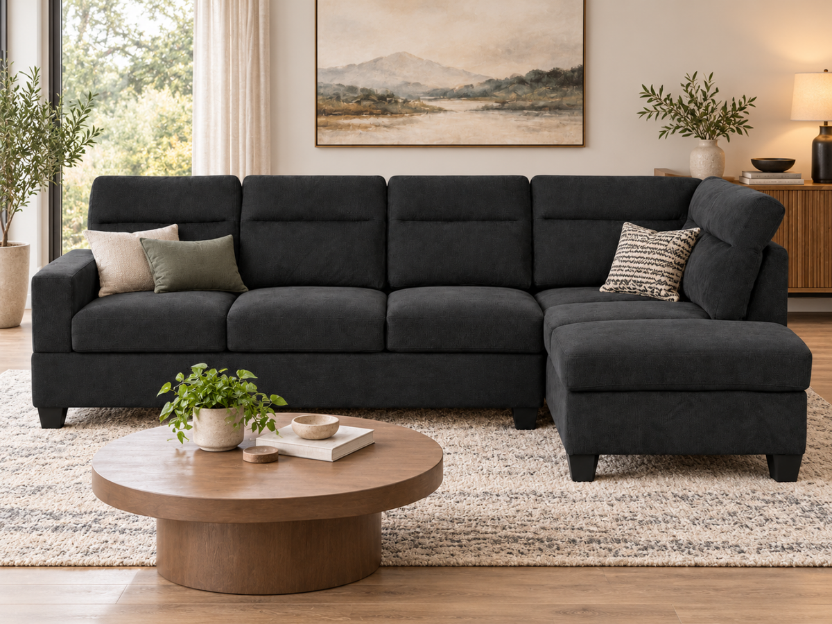 Delano Sectional Linen Sofa with Right Chaise - Black