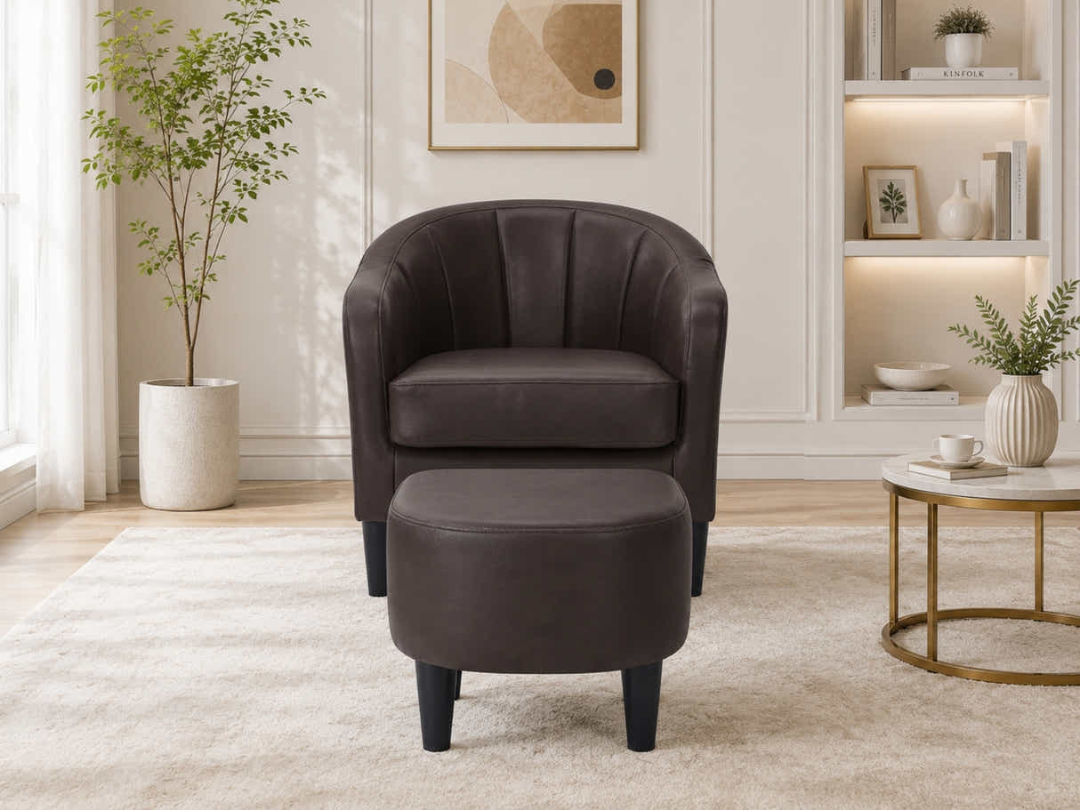 Daxton Tub Chair with Ottoman PU - Dark Brown