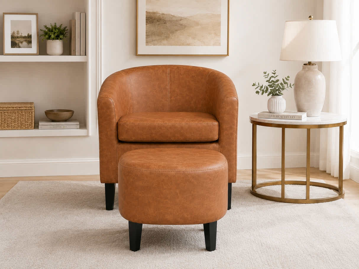 Oswin Tub Chair with Ottoman PU - Brown