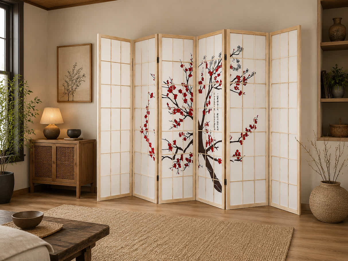 6-Panel Room Divider with Flower Pattern - Natural Wood