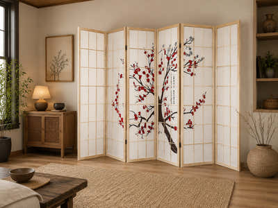 6-Panel Room Divider with Flower Pattern - Natural Wood