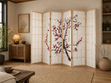 6-Panel Room Divider with Flower Pattern - Natural Wood