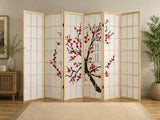 6-Panel Room Divider with Flower Pattern - Natural Wood