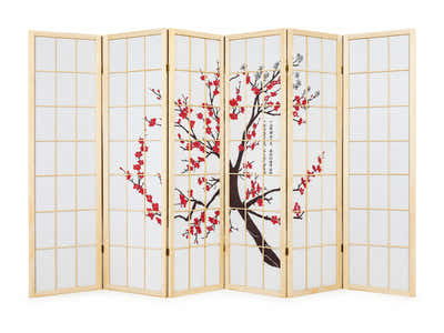 6-Panel Room Divider with Flower Pattern - Natural Wood