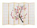 6-Panel Room Divider with Flower Pattern - Natural Wood