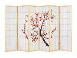 6-Panel Room Divider with Flower Pattern - Natural Wood