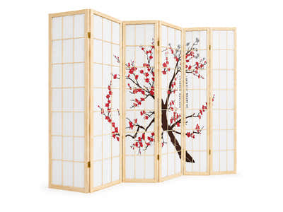 6-Panel Room Divider with Flower Pattern - Natural Wood