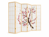 6-Panel Room Divider with Flower Pattern - Natural Wood