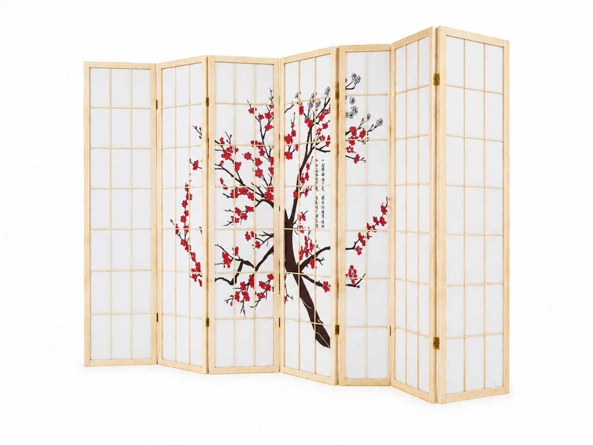 6-Panel Room Divider with Flower Pattern - Natural Wood
