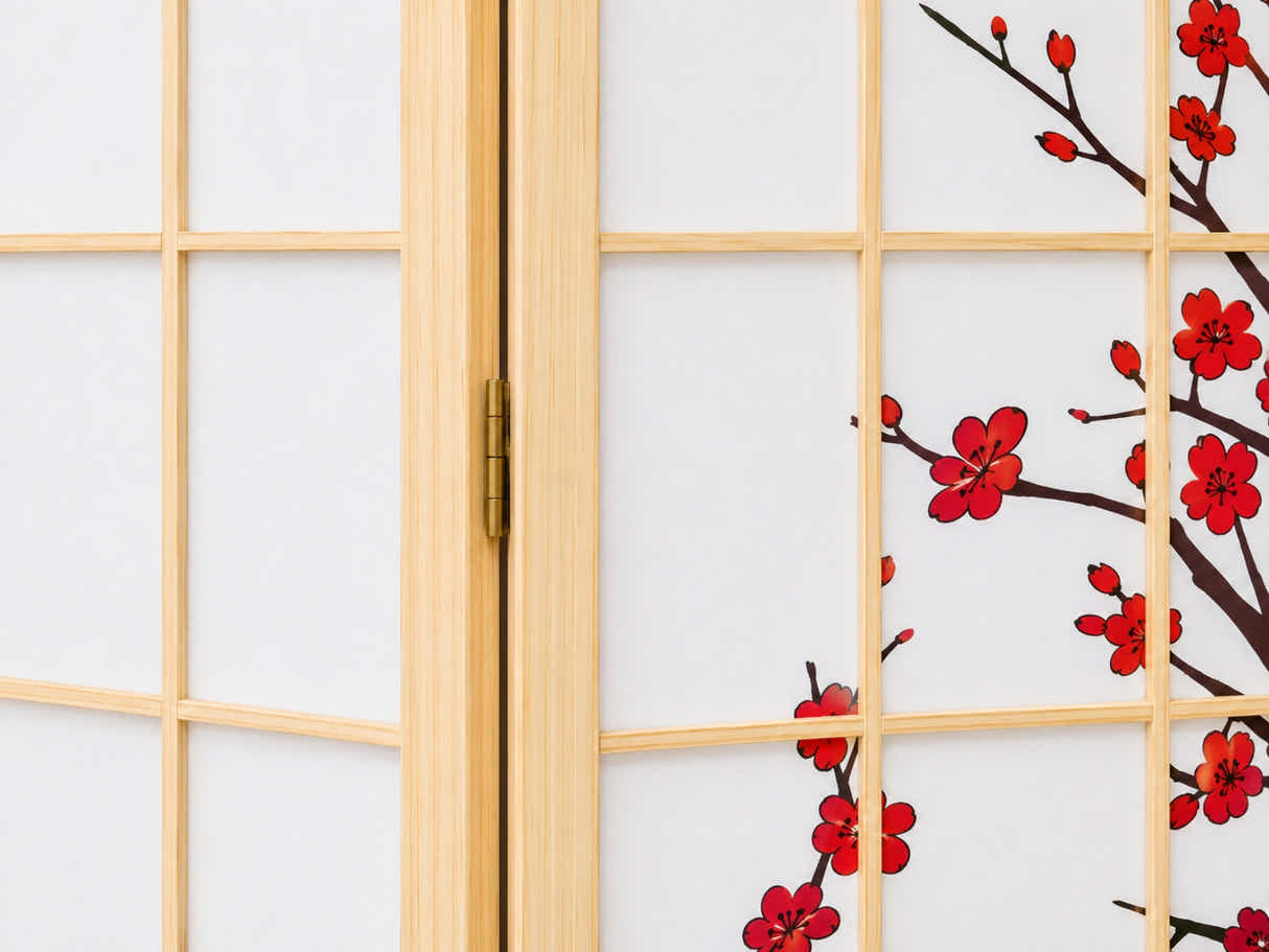 6-Panel Room Divider with Flower Pattern - Natural Wood