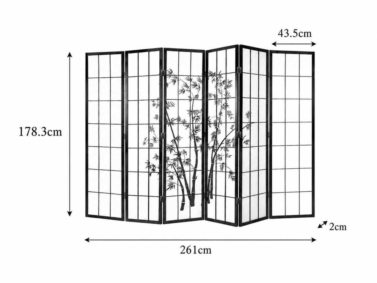 6-Panel Room Divider with Bamboo Pattern - Black