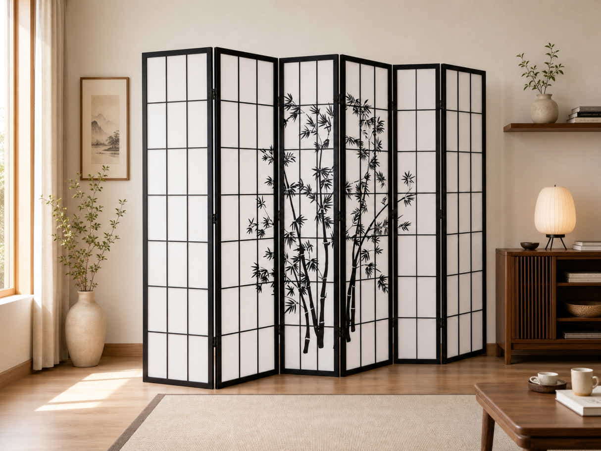 6-Panel Room Divider with Bamboo Pattern - Black