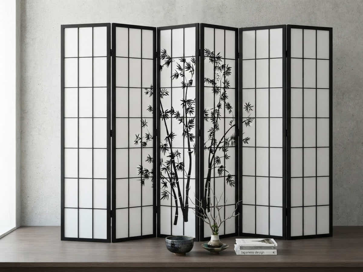 6-Panel Room Divider with Bamboo Pattern - Black