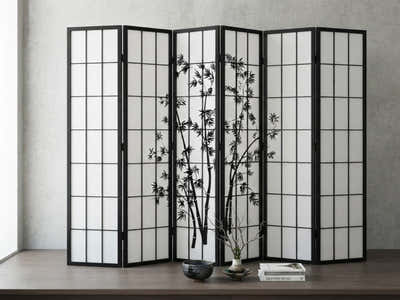 6-Panel Room Divider with Bamboo Pattern - Black