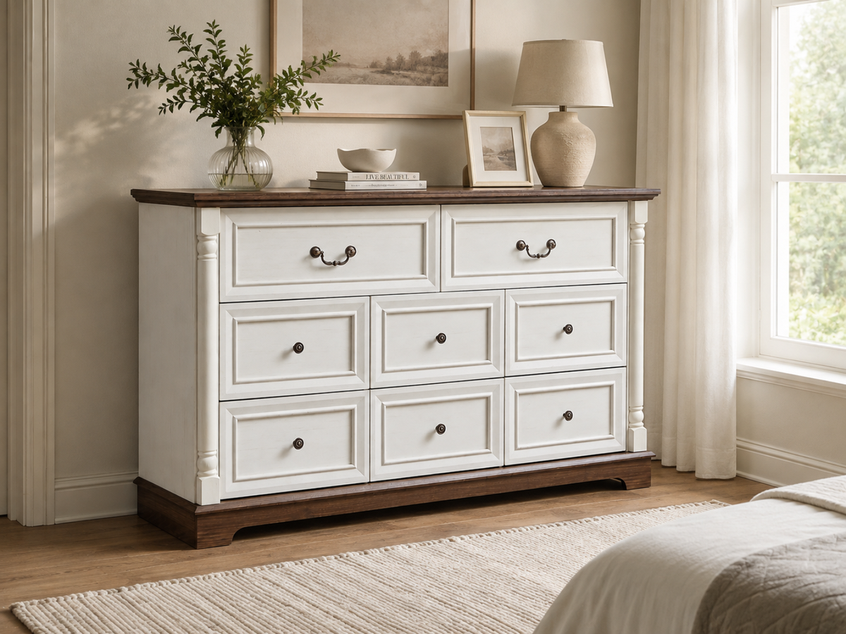 8-Drawer Chest - Antique White & Rustic Brown