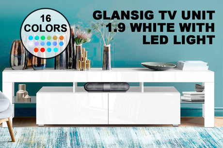 Glansig LED Entertainment Unit White - 190 cm