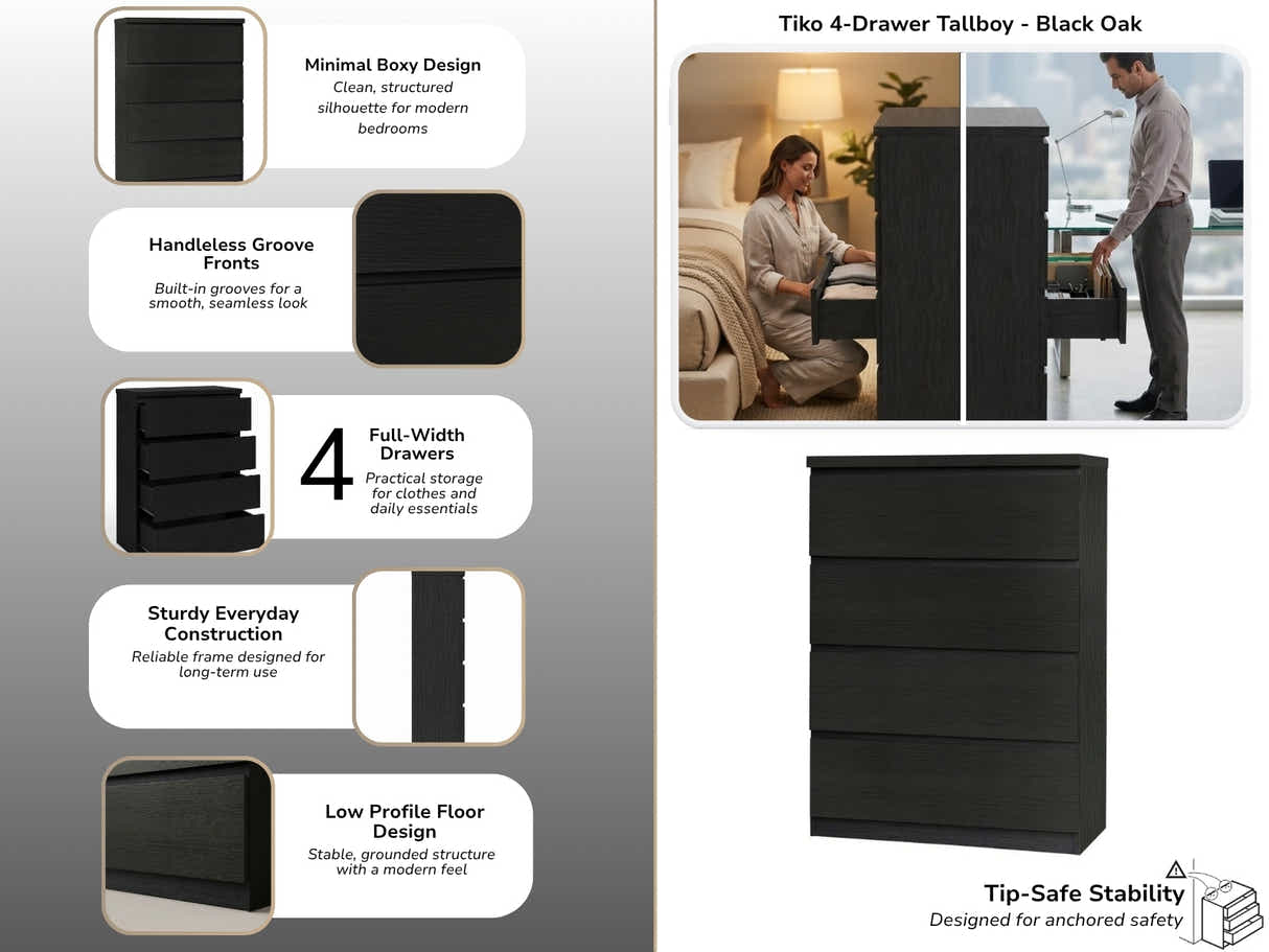 Tiko 4-Drawer Tallboy - Black Oak