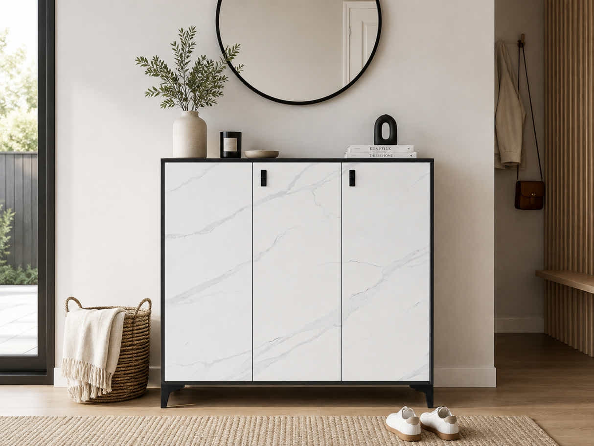 Lonna Steel 3-Door Shoe Cabinet - White Marble