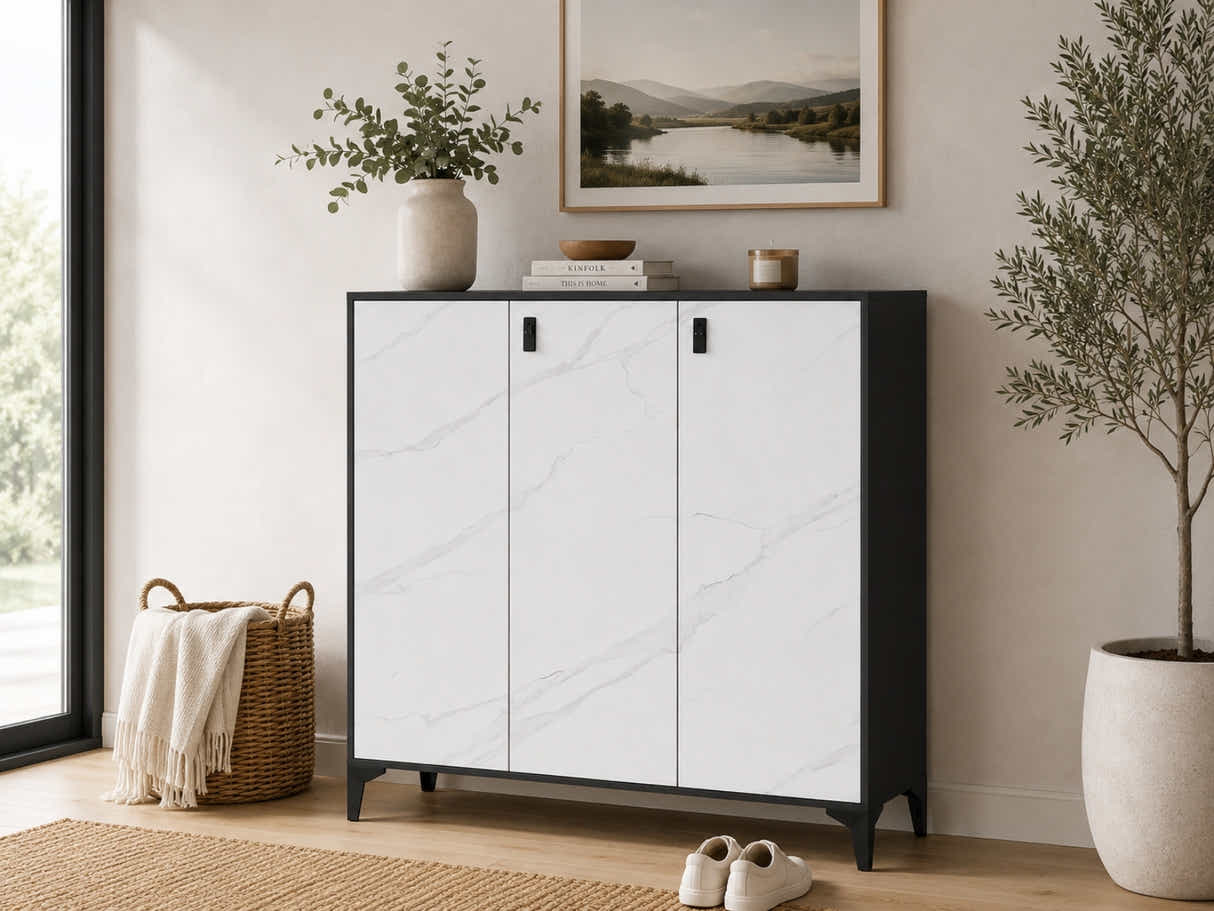 Lonna Steel 3-Door Shoe Cabinet - White Marble