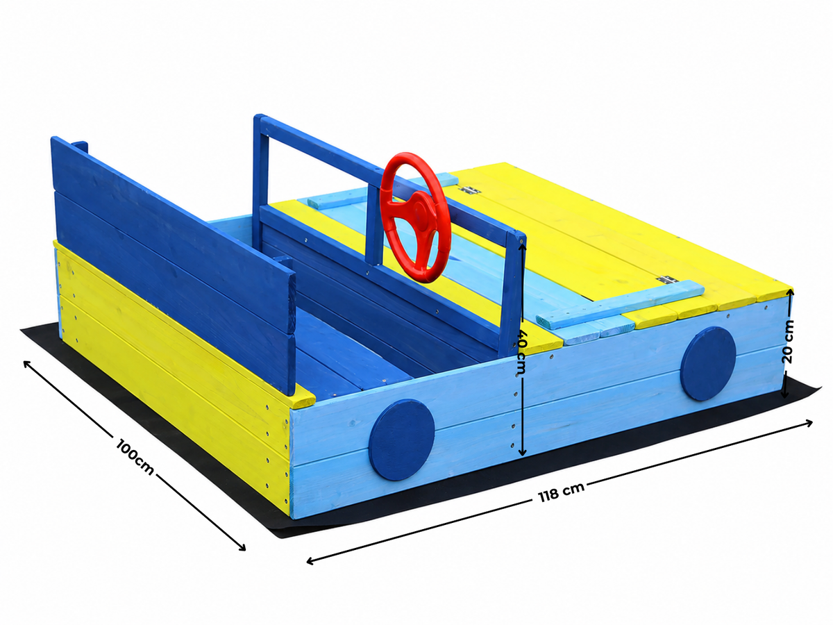 Wooden Sandbox With Play Wheel & Built-In Seats