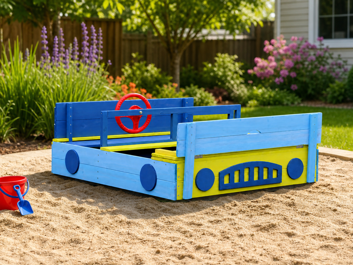 Wooden Sandbox With Play Wheel & Built-In Seats