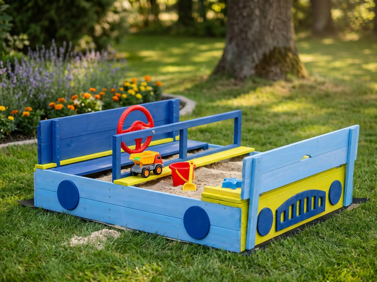 Wooden Sandbox With Play Wheel & Built-In Seats