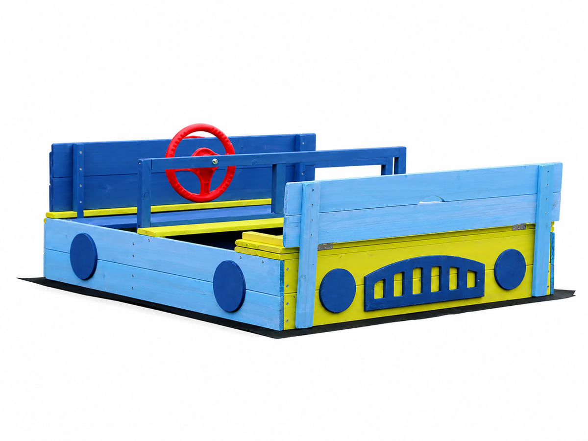 Wooden Sandbox With Play Wheel & Built-In Seats