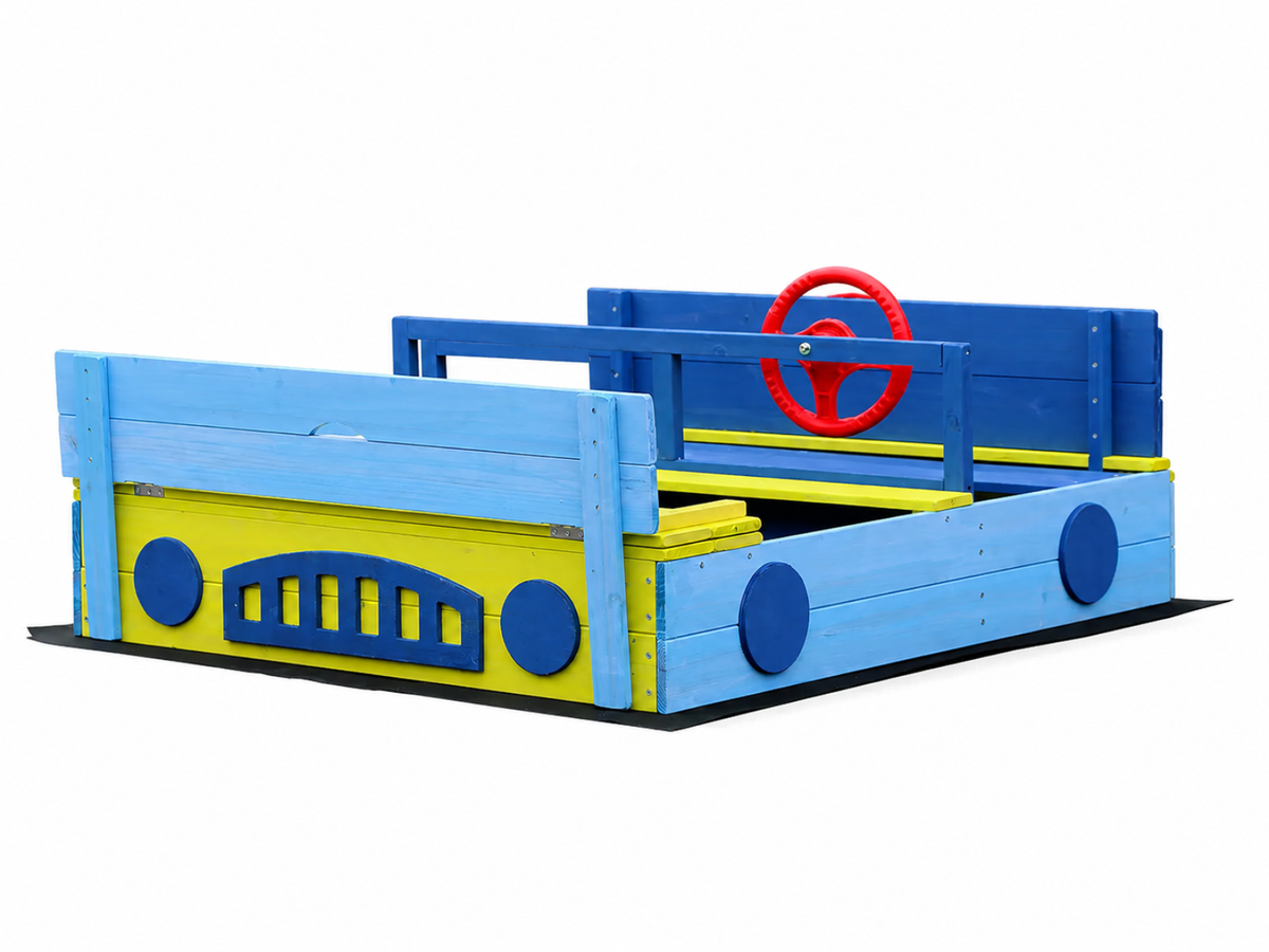 Wooden Sandbox With Play Wheel & Built-In Seats