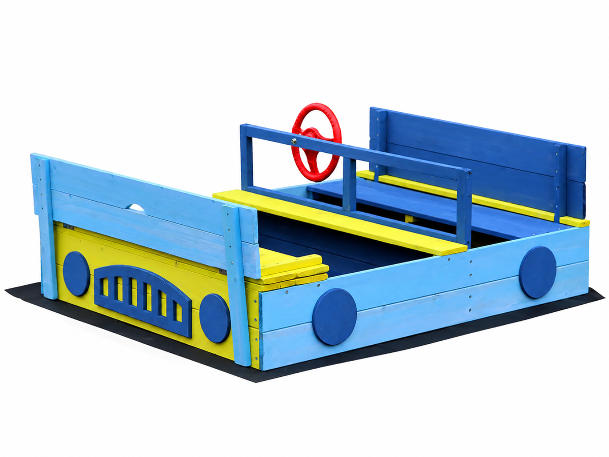 Wooden Sandbox With Play Wheel & Built-In Seats