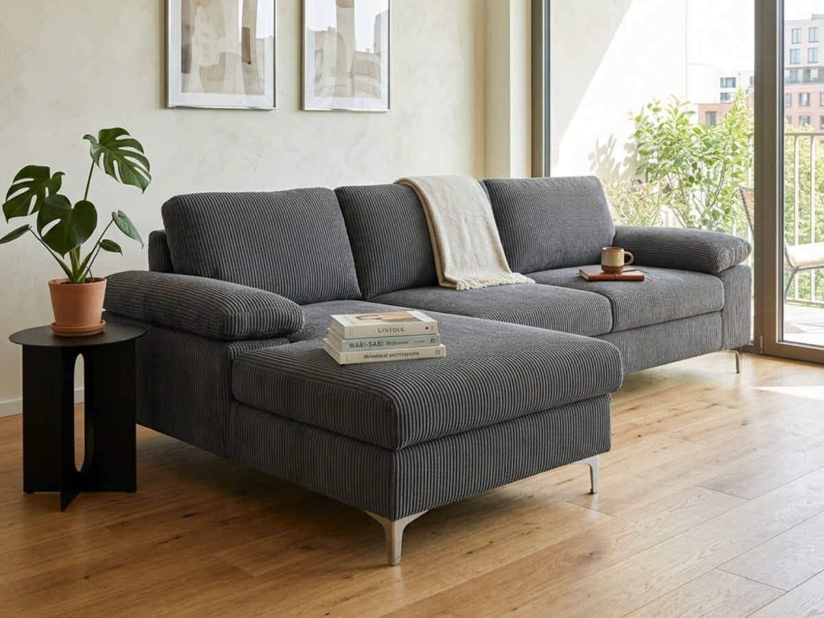 Kaveah Corduroy Sofa With Left Chaise - Grey