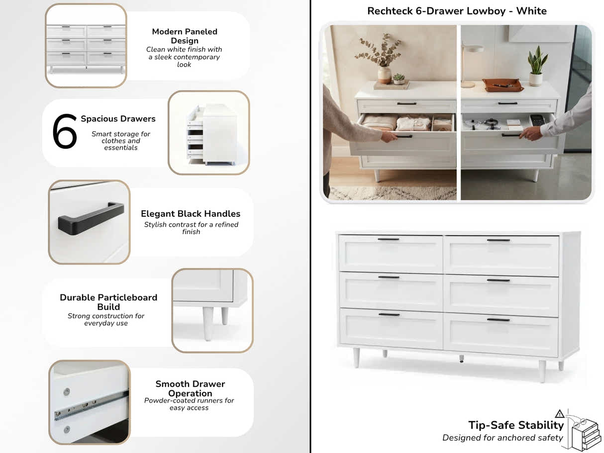 Rechteck 6-Drawer Lowboy - White