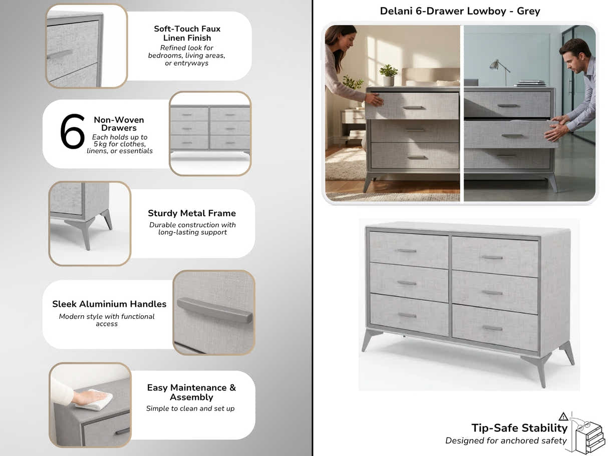 Delani 6-Drawer Lowboy - Grey