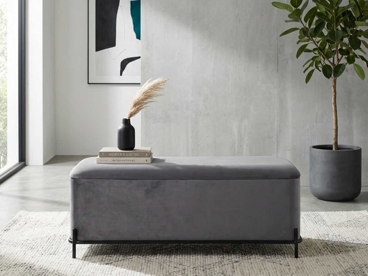 Delani Velvet Ottoman Bench With Storage - Charcoal