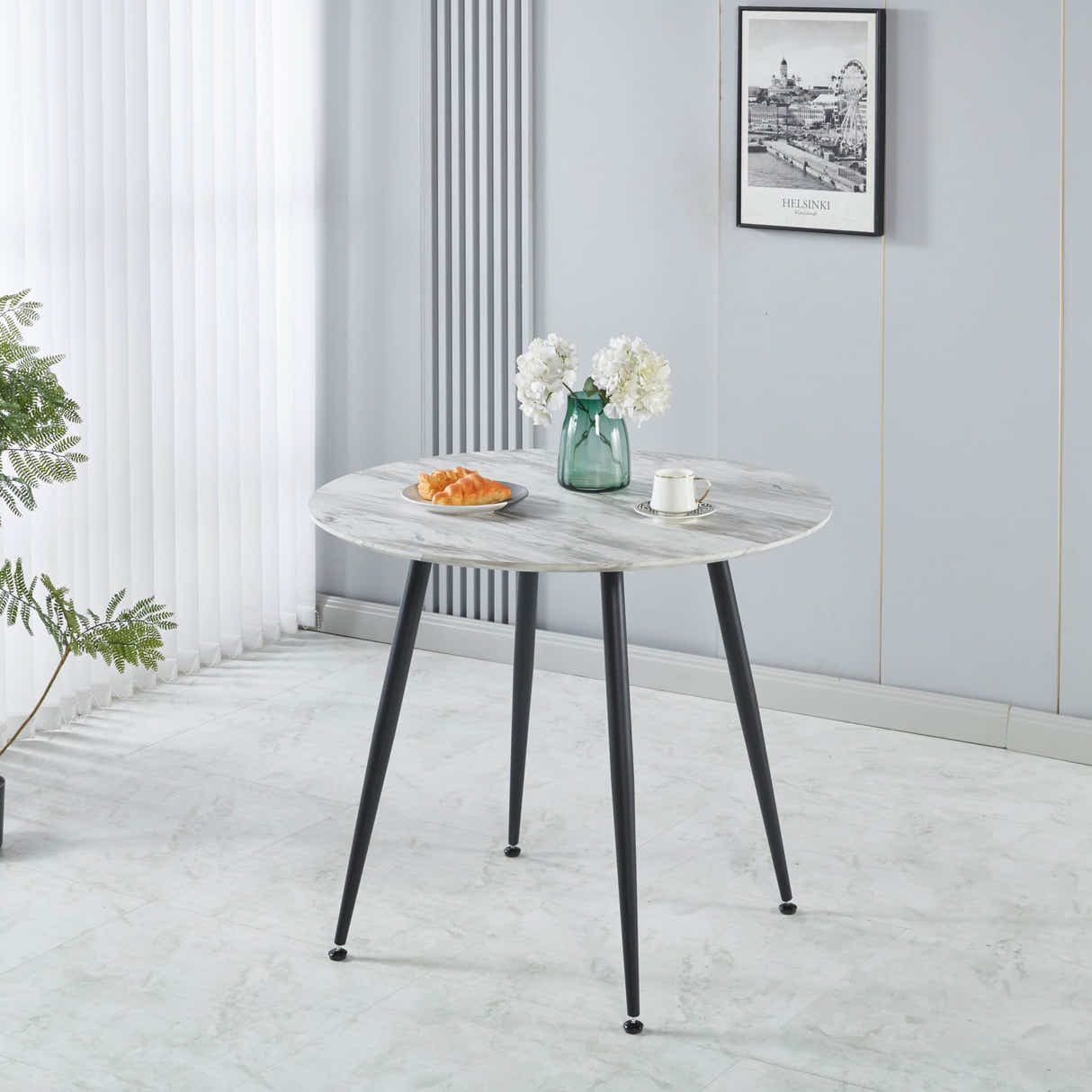 Fernando Round Dining Table with MDF Top - 90 cm & Walnut Bonded Leather Dining Chair - Set of 4