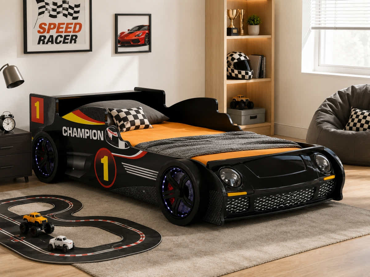 Racing Car Bed Frame with LED Lights Black - Single