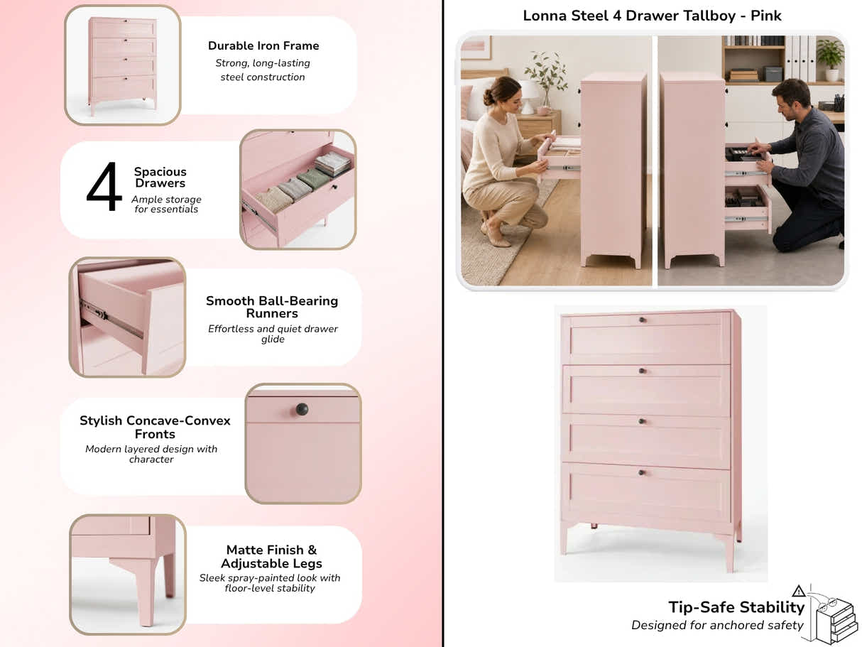Lonna Steel 4-Drawer Tallboy - Pink