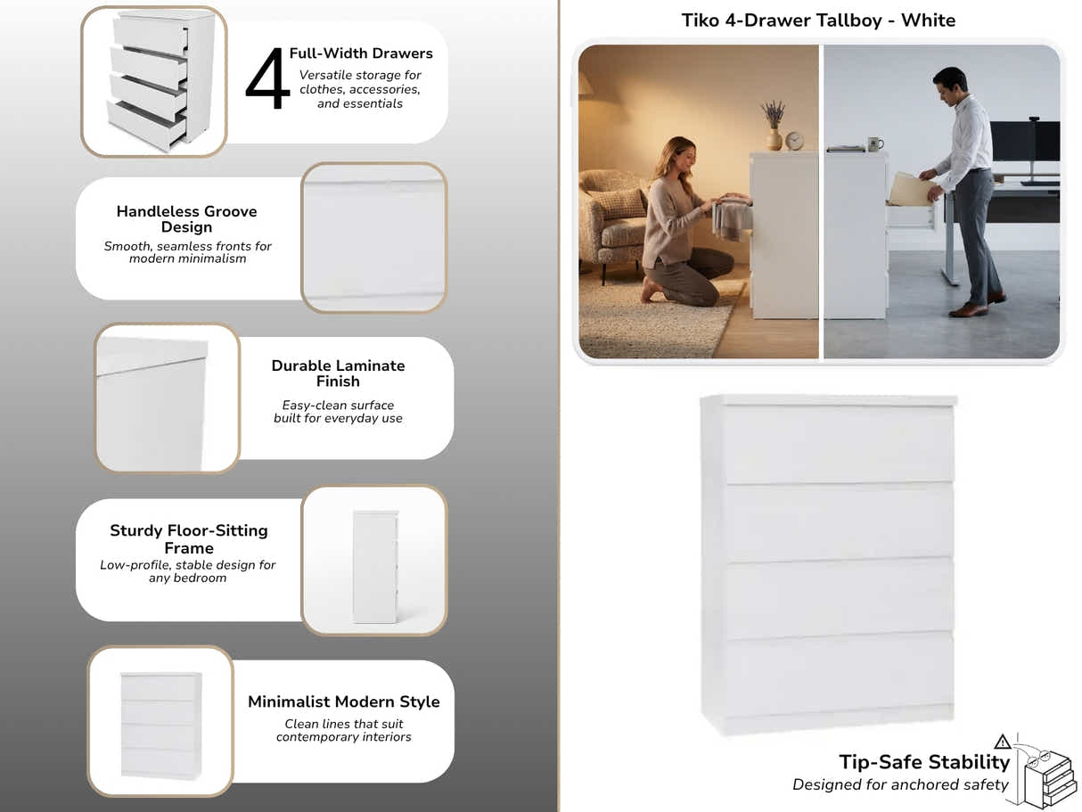 Tiko 4-Drawer Tallboy - White