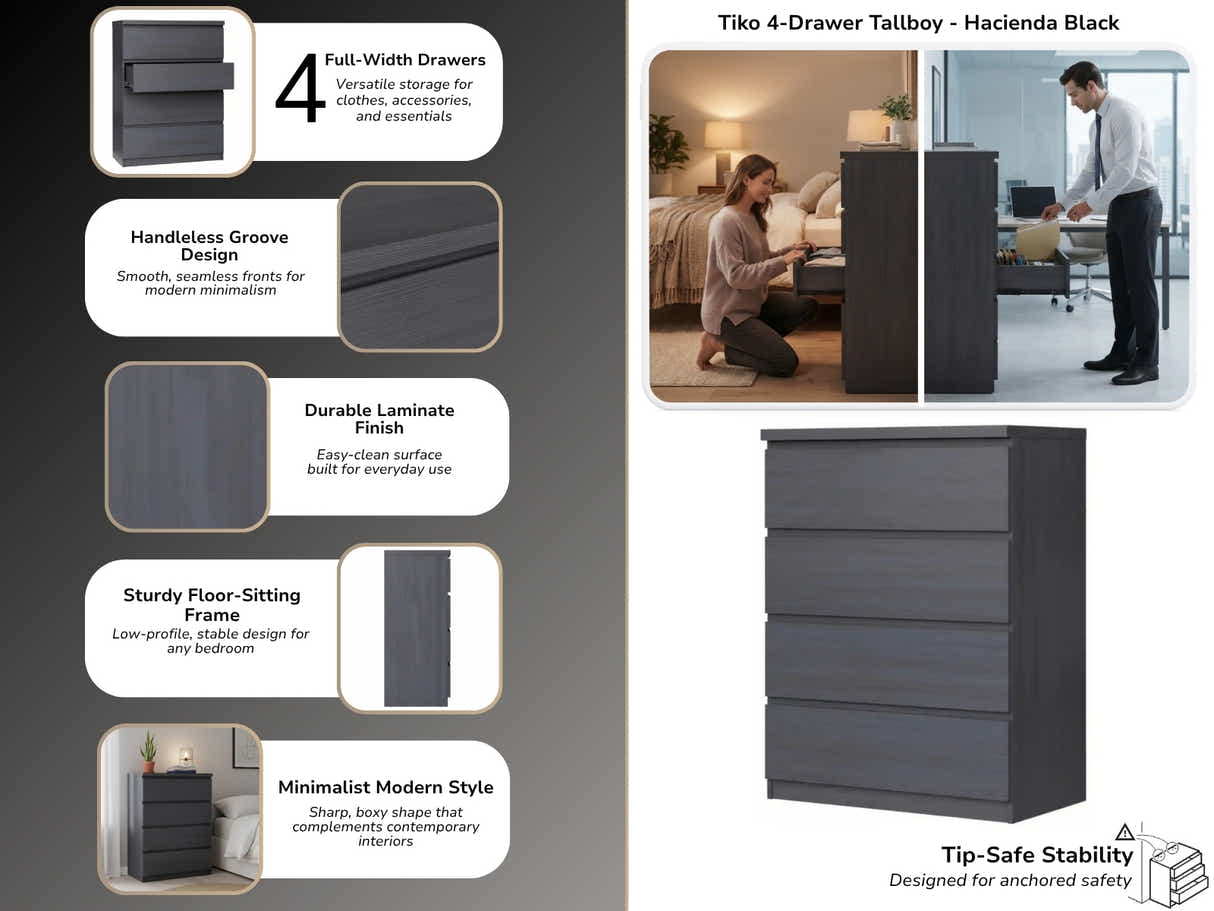Tiko 4-Drawer Tallboy - Hacienda Black
