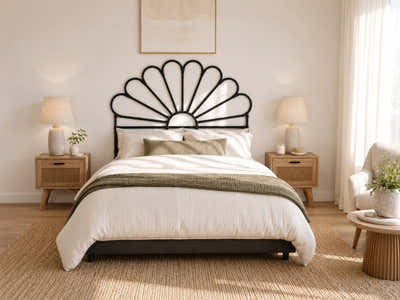 Rattan Headboard Petal Black - Double