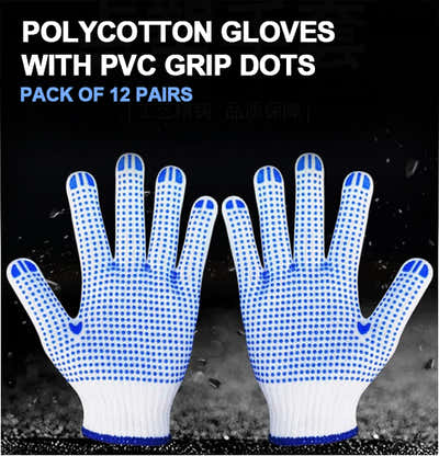 Polycotton Work Gloves with PVC Grip Dots – 12 Pairs Pack
