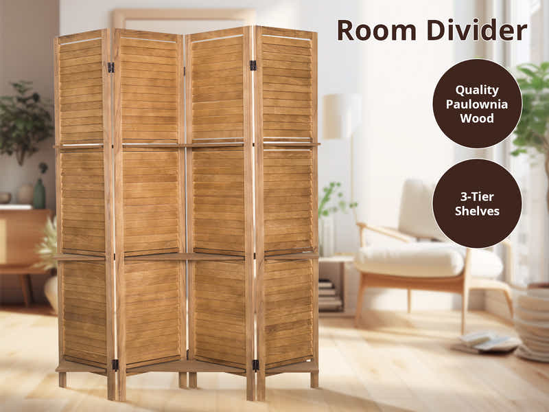4-Panel Room Divider with Shelf - Brown