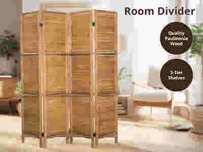4-Panel Room Divider with Shelf - Brown