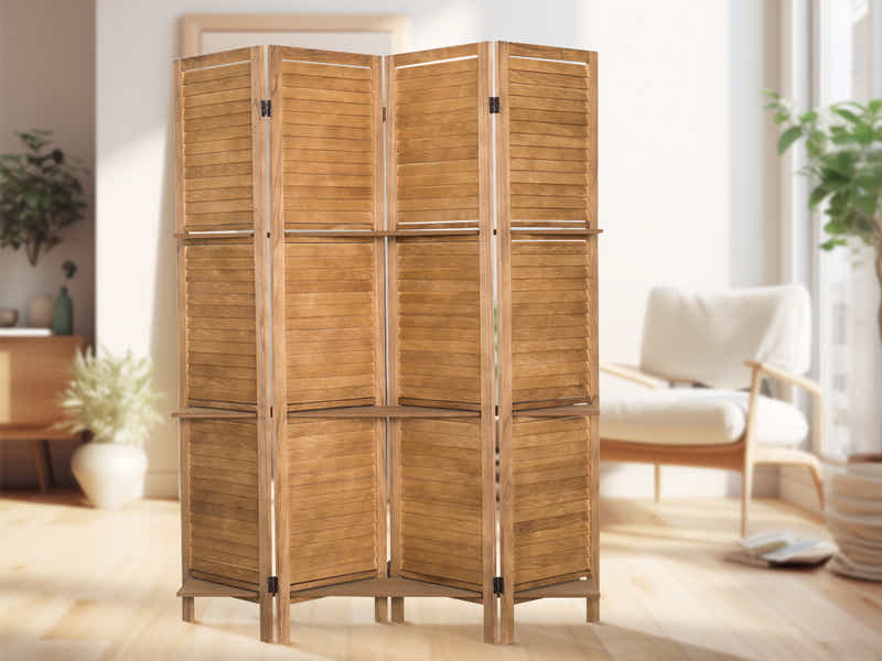 4-Panel Room Divider with Shelf - Brown