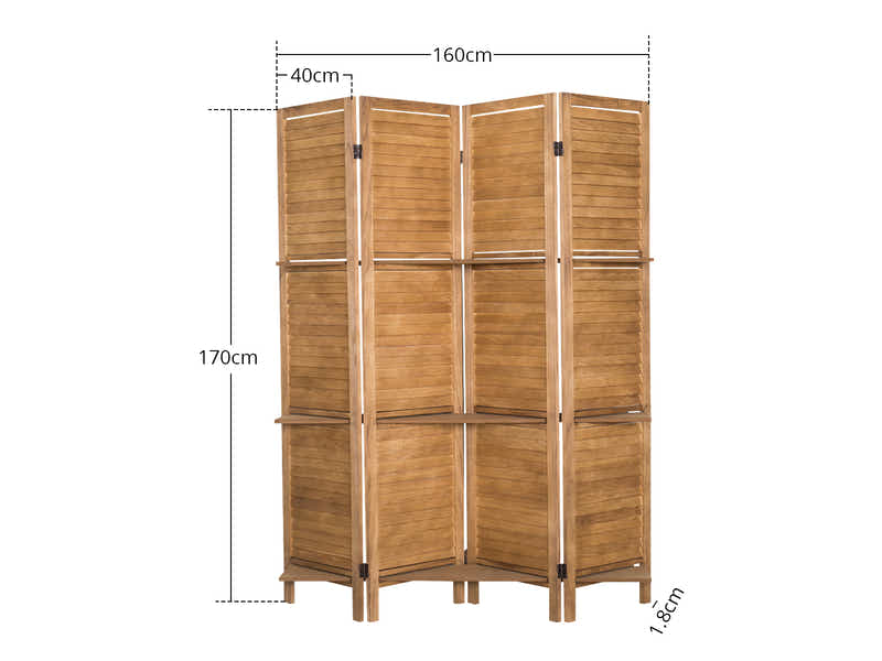 4-Panel Room Divider with Shelf - Brown