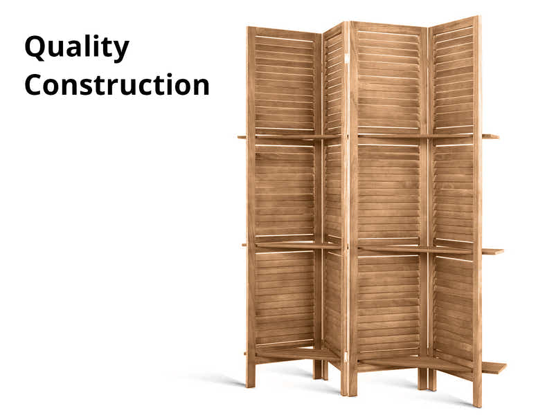 4-Panel Room Divider with Shelf - Brown