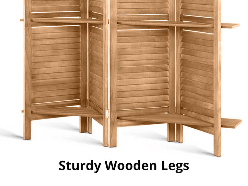 4-Panel Room Divider with Shelf - Brown
