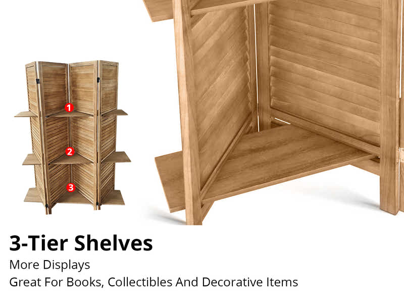4-Panel Room Divider with Shelf - Brown