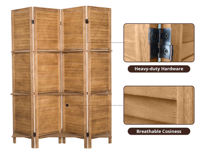 4-Panel Room Divider with Shelf - Brown
