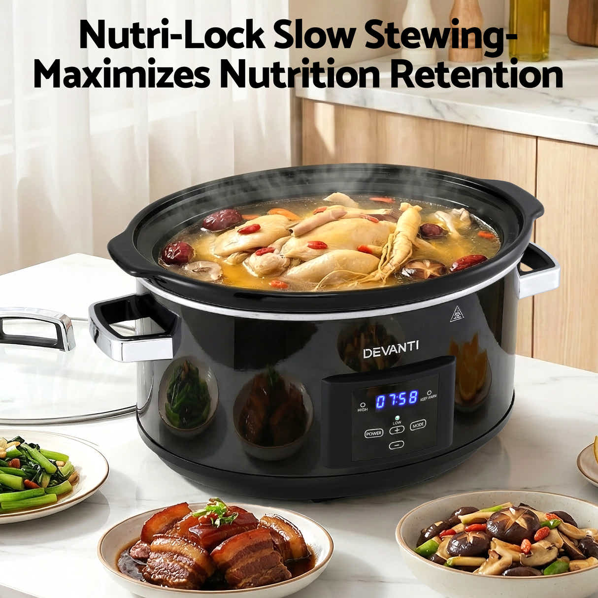 DS NA Devanti 8L Slow Cooker Electric Multi Cooker with 3 Heat Settings and Keep