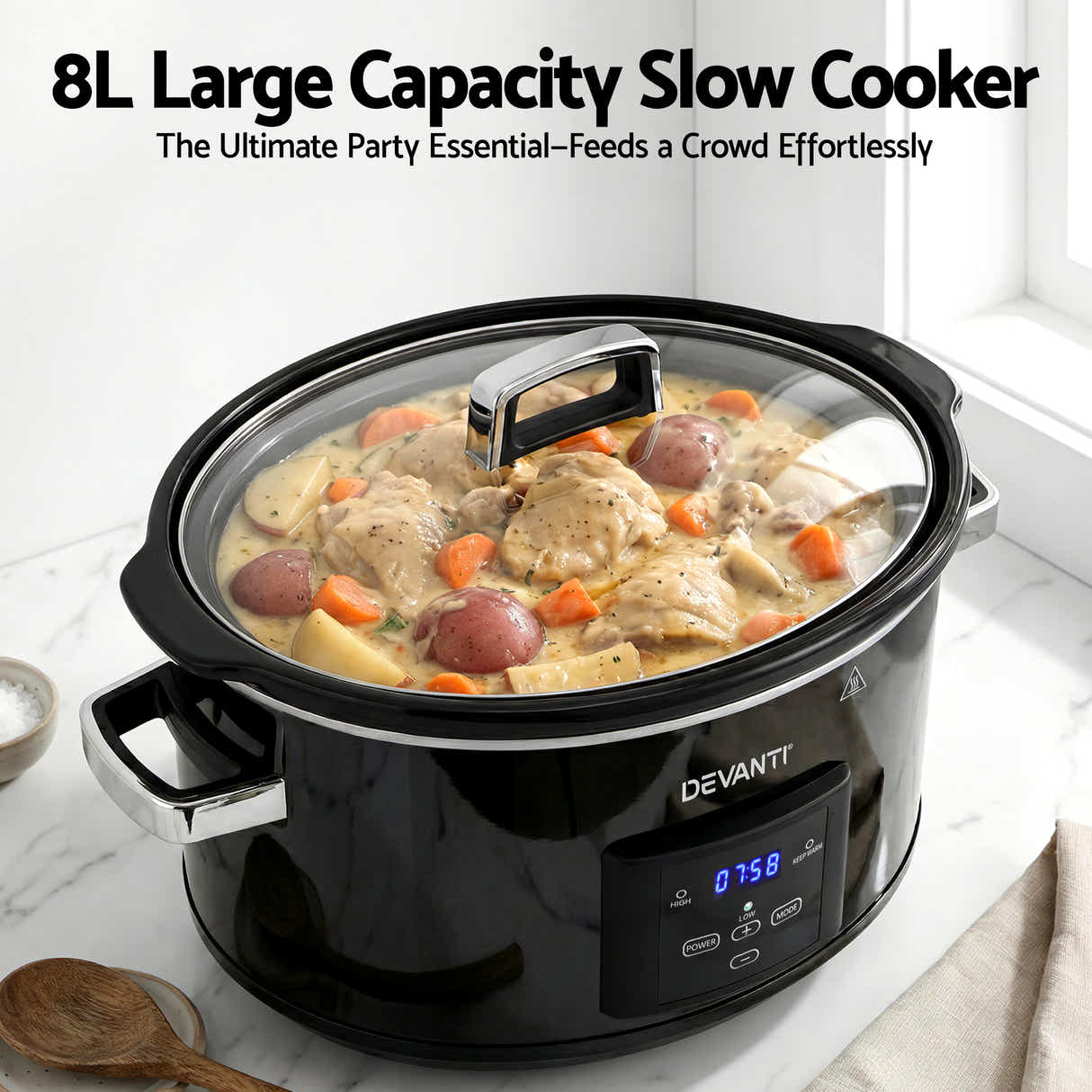 DS NA Devanti 8L Slow Cooker Electric Multi Cooker with 3 Heat Settings and Keep